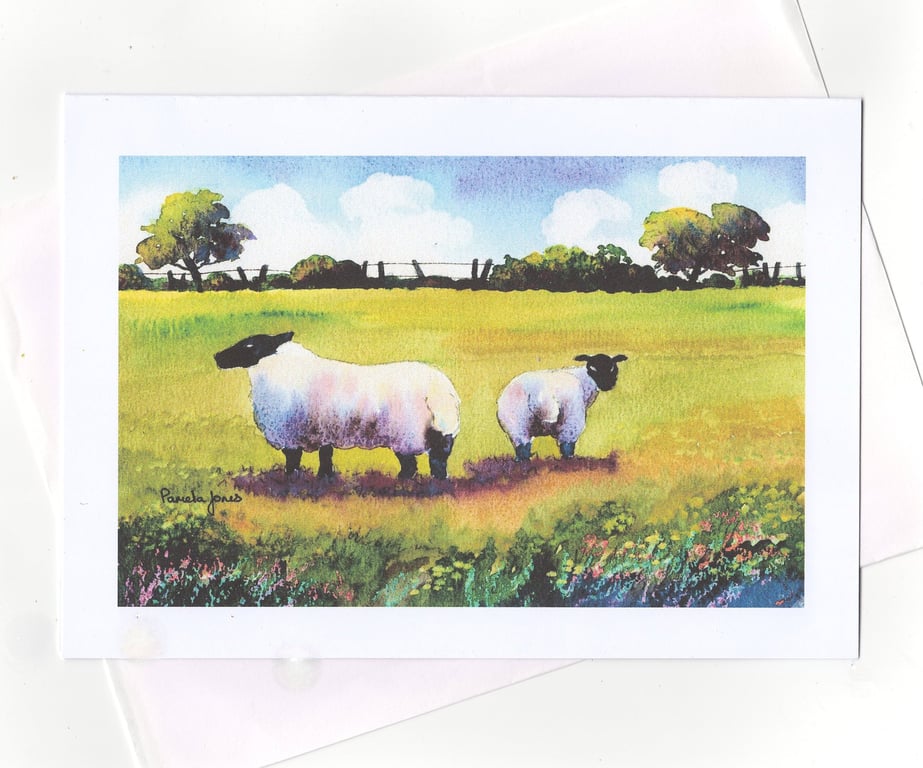 Sheep, Welsh landscape, Art Greeting Card, A5, Blank inside, For any occasion