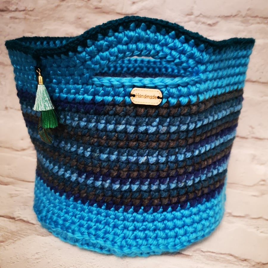 Crocheted Blue Multi Basket    FREE P & P