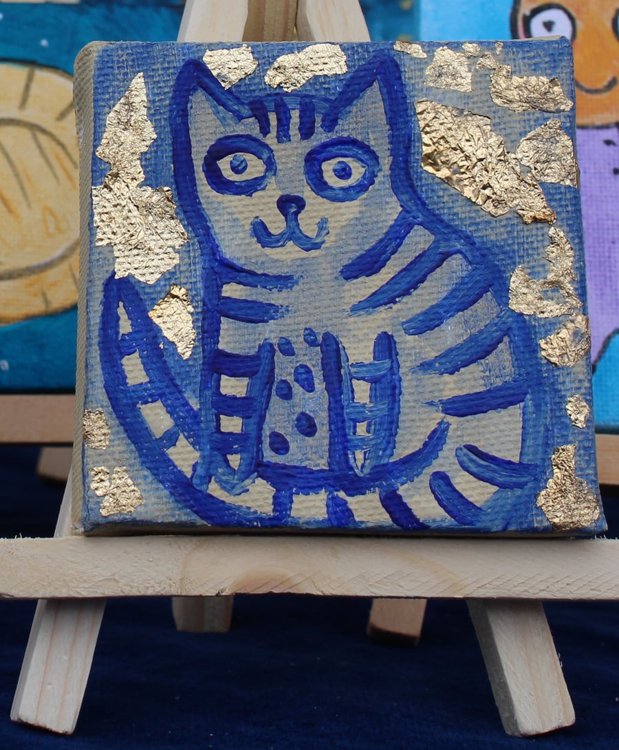 Smiley Tabby Cat mini canvas painting