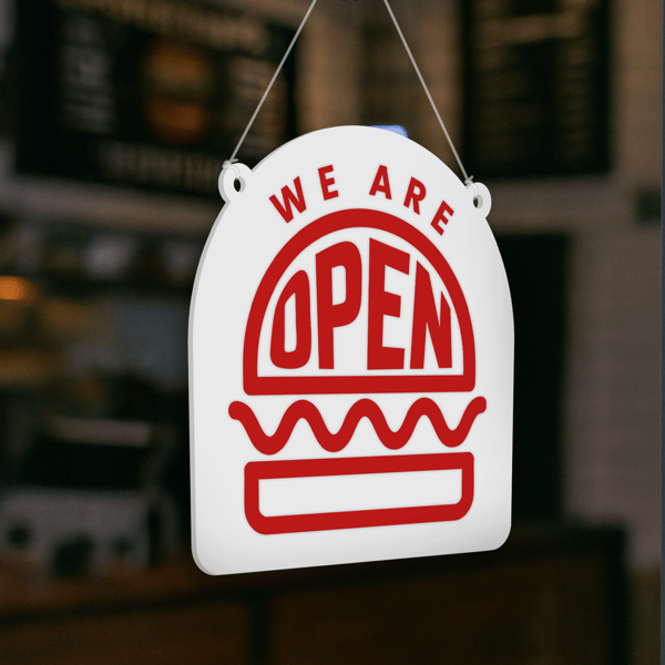 Burger Restaurant Open & Closed Door Sign 1: Takeaway Double-Sided Hanging Sign
