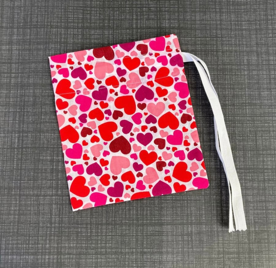 Red, Pink Hearts Fabric Drawstring Gift Bag: Small Present Wrap.