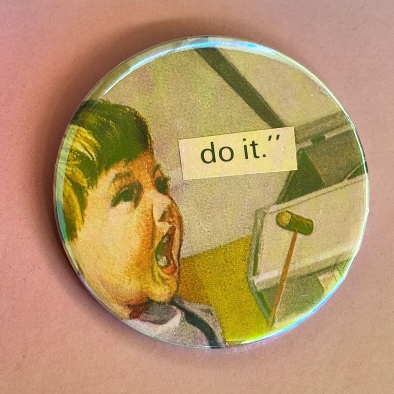 Holographic collage pin badge - do it