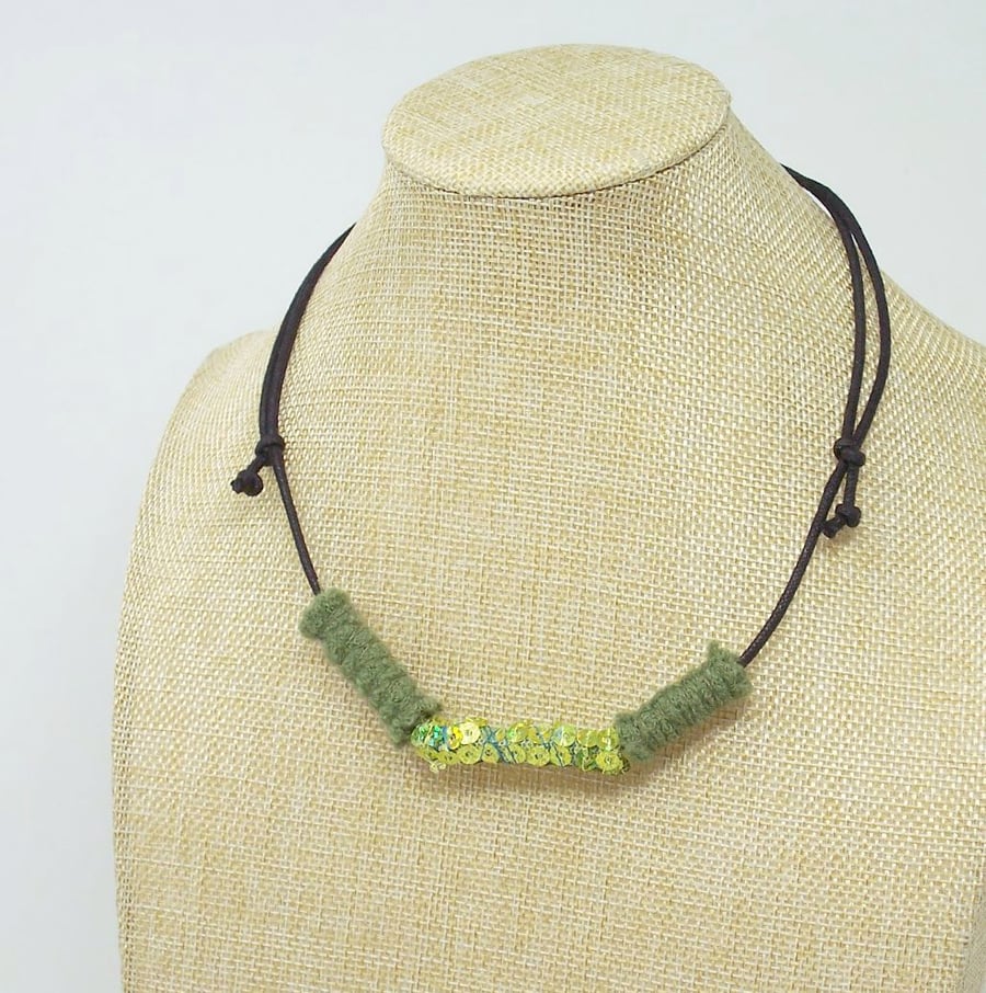 Sold. Fabric bead necklace with waxed cotton cord - Fern