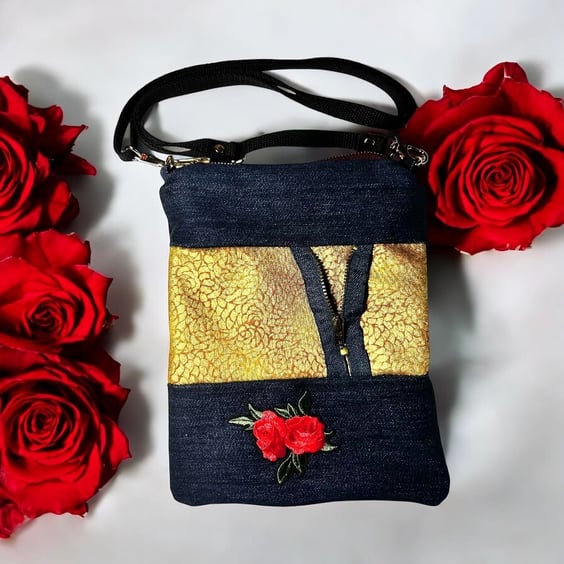 Handmade blue denim and gold zip up bag with adjustable strap