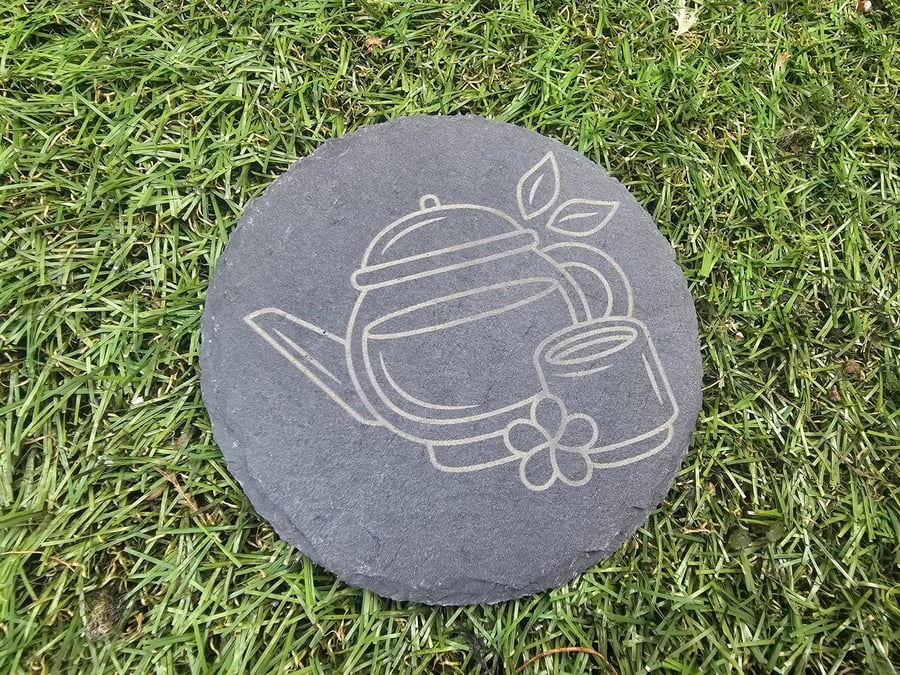 Handmade Teapot & Cup Slate Coaster - Laser Engraved Tea Lover Gift - Rustic