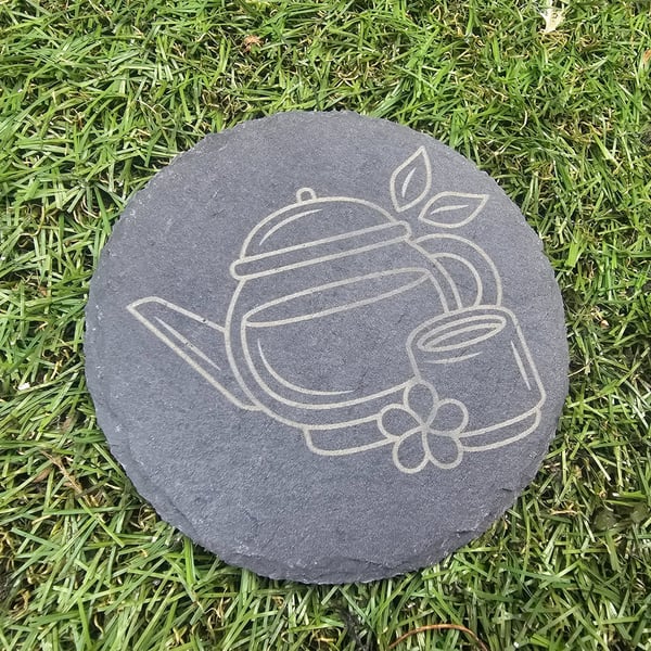 Teapot and Cup of Tea Laser Engraved Black Slate Coaster