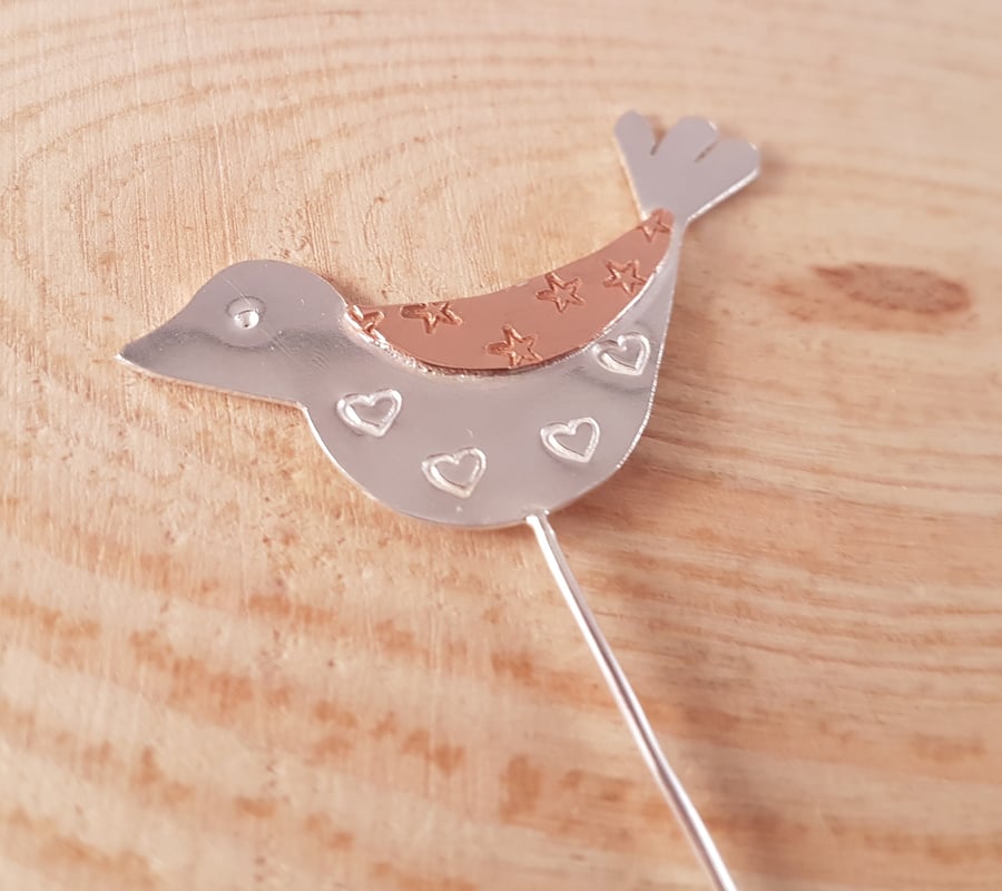 Hand Made Sterling Silver and Copper Heart and Stars Bird Brooch Pin