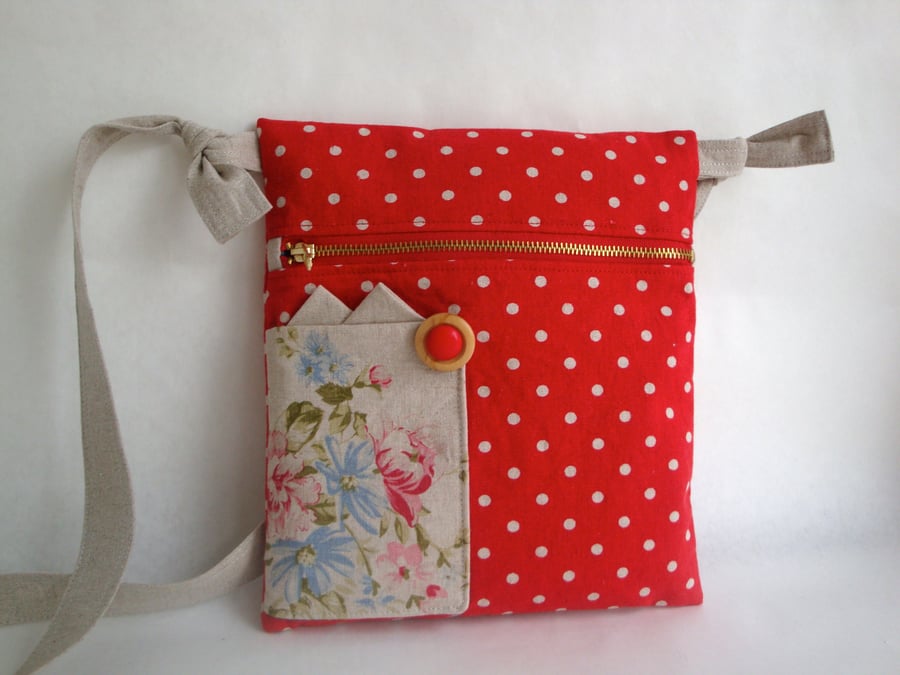 SALE Small cotton - Linen Cross Body Bag  - Red polkadot bag 