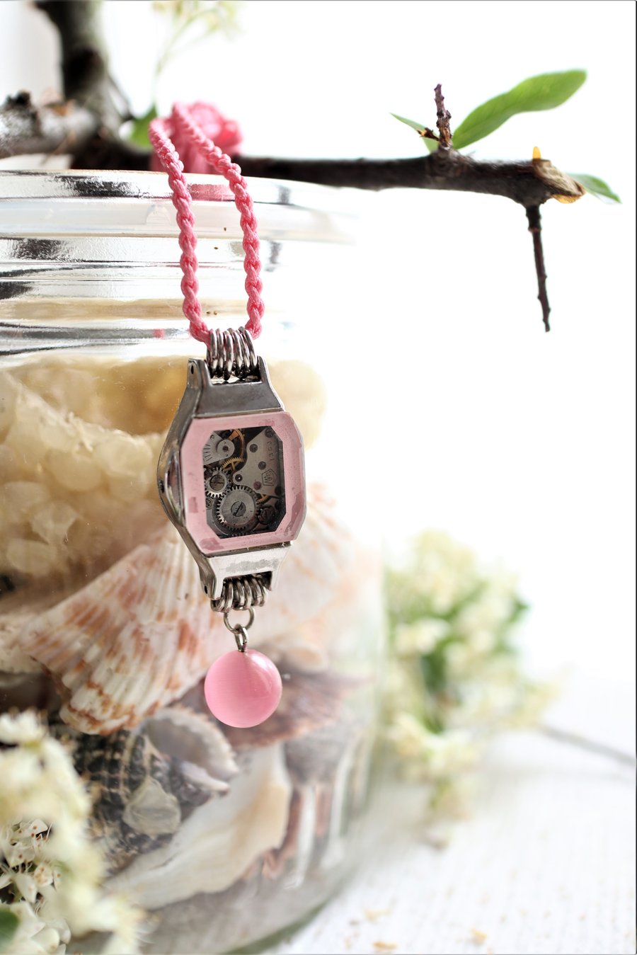 Upcycled pink colour ladies watch featured a vintage watch movement necklace 