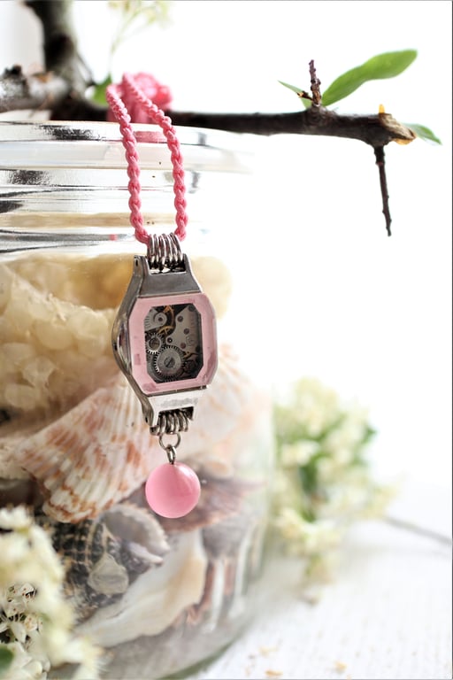 Upcycled pink colour ladies watch featured a vintage watch movement necklace 