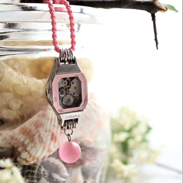 Vintage pink color ladies watch featured a vintage watch movement necklace 