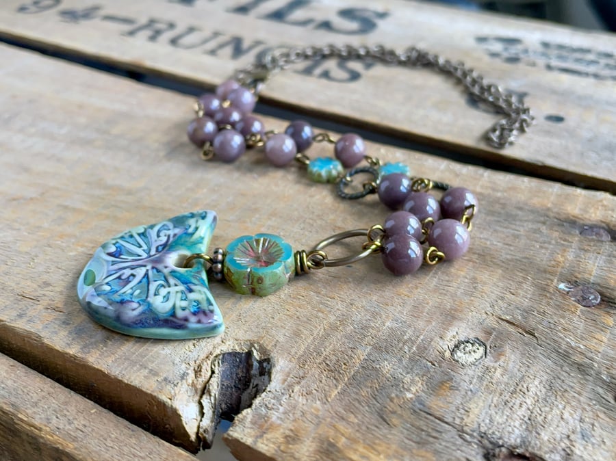Purple & Green Artisan Ceramic Necklace. Butterfly Pendant with Brass Chain