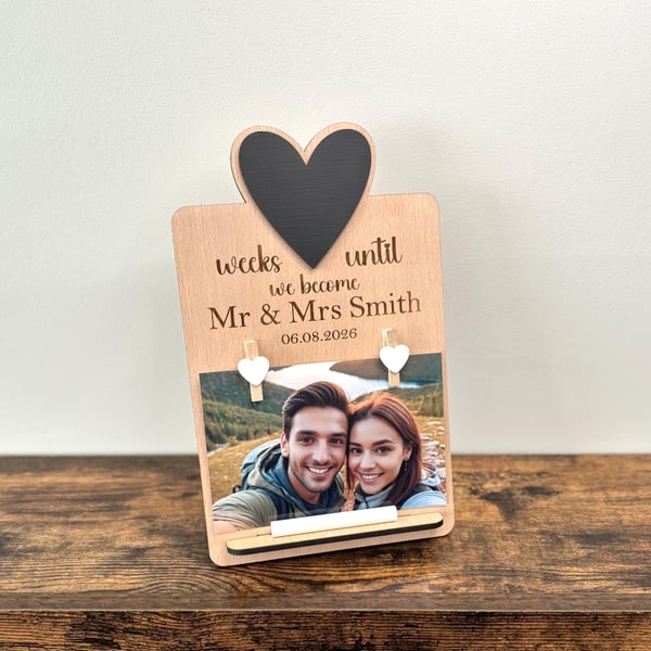 Personalised Engraved Wooden Wedding Countdown Board & Pegs For Photo...