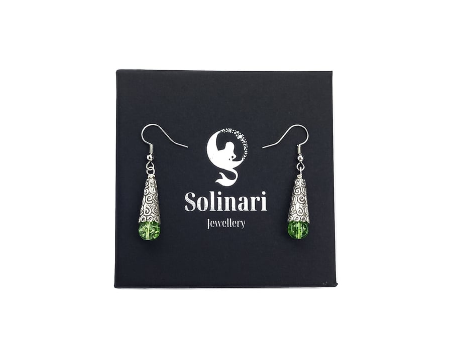 Peridot green glass drop earrings