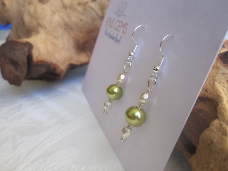 Imitation Pearl Earrings - Metallic Green & Cream