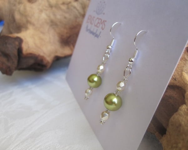 Imitation Pearl Earrings - Metallic Green & Cream