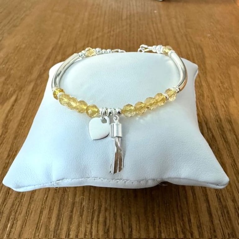 Citrine Heart & Tassel Charms Bracelet with Adjustable Slider Clasp