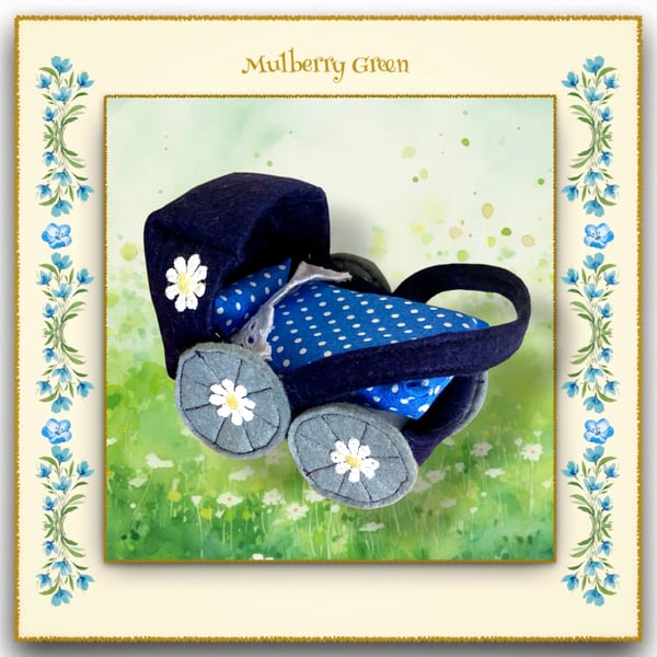 A Pretty Navy Felt Pram for the baby Pip Squeaks and Cotton Tails