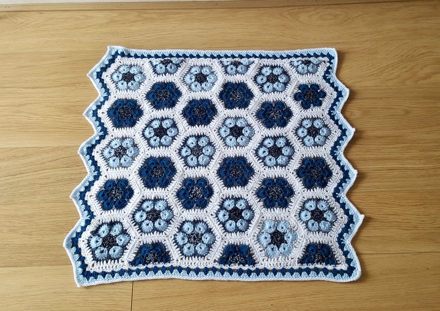 Handmade Crochet Unisex Baby Blanket. Hexagonal flower pattern. Size 28” by 26”.