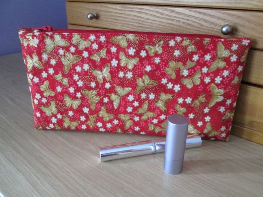 Gold Butterflies on Red Zip Top Storage Bag, Make Up Bag, Pencil Case, Clutch
