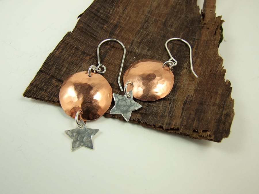Earrings, Hammered Copper & Sterling Silver Moon & Star