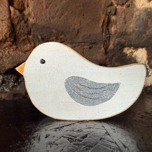 White Wooden Bird Ornament - Hand Painted Folk Art Bird