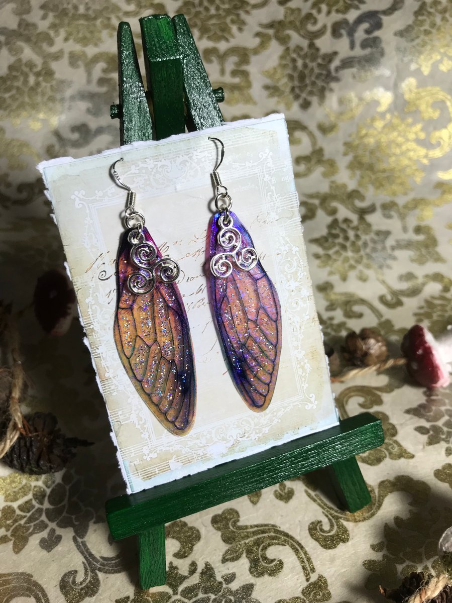 Sterling Silver Purple Iridescent Triskelion Fairy Wing Earrings