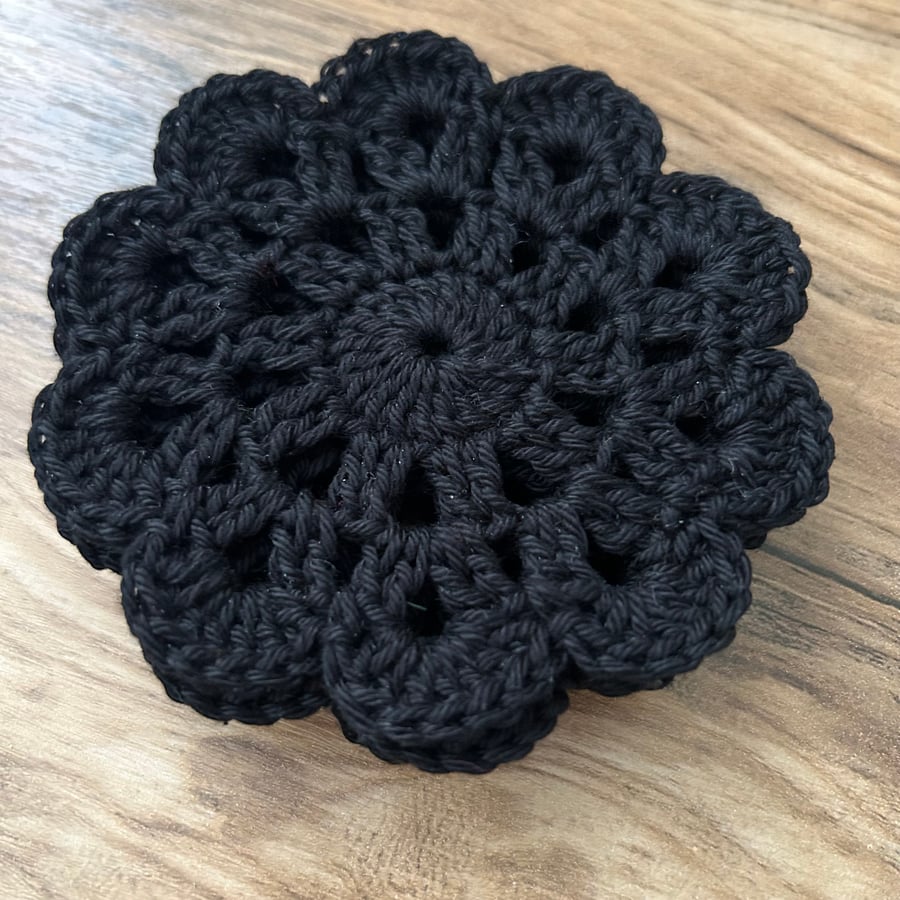 Set of 4 Black Cotton Crochet Coasters