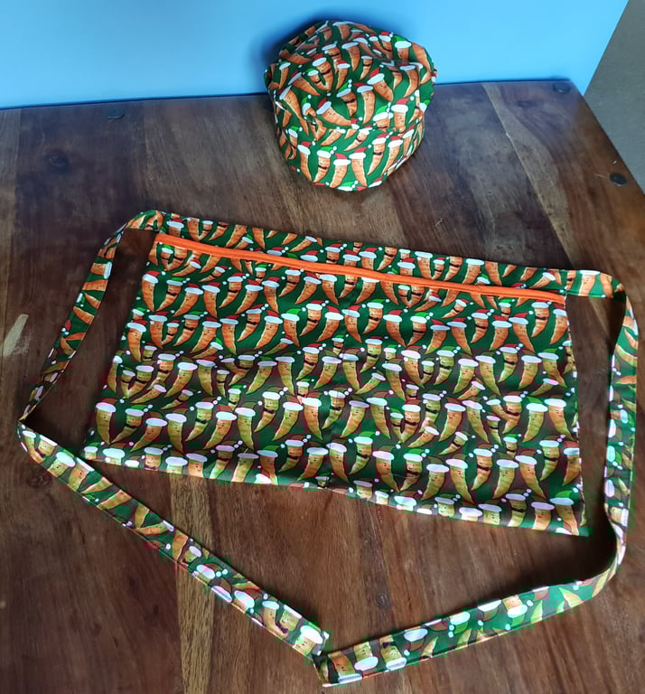 Christmas Apron, Handmade Quirky Christmas Carrot kitchen apron and Hat Christma