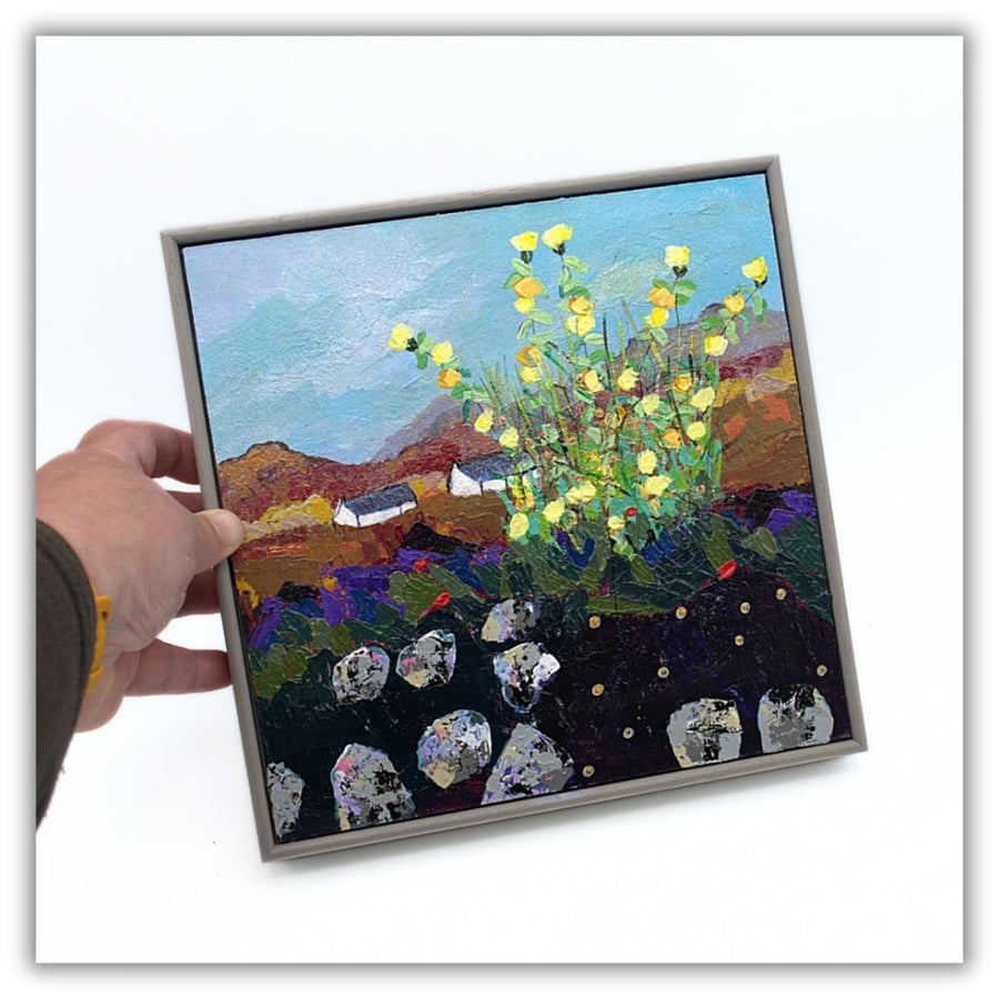 An original framed Scottish landscape - cottages - wildflowers - acrylic art