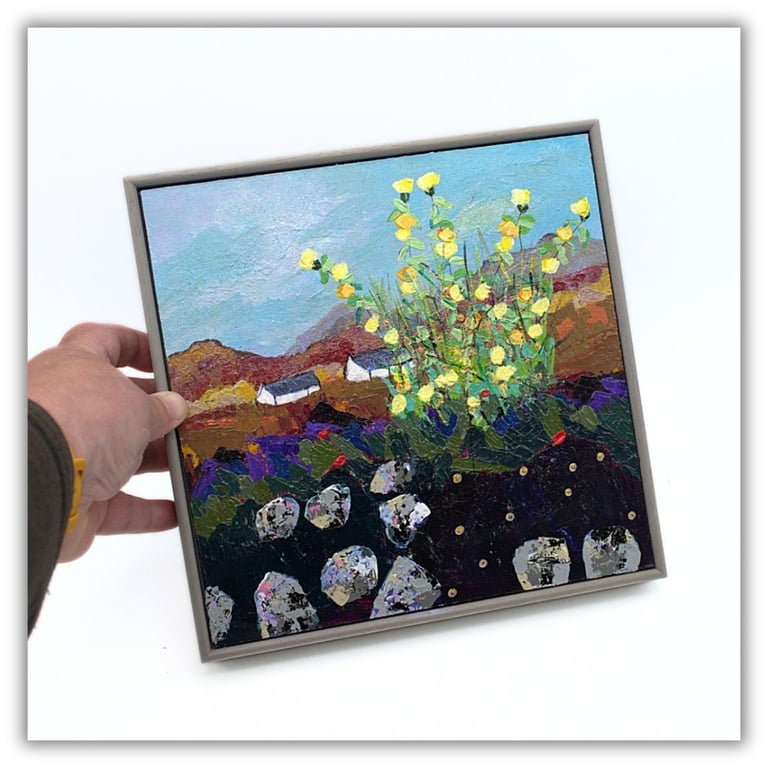 An original framed Scottish landscape - cottages - wildflowers - acrylic art