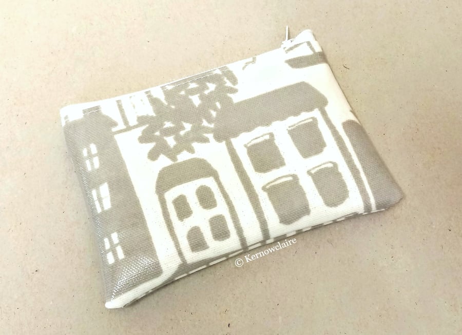Coin purse in grey and white, coastal village pattern