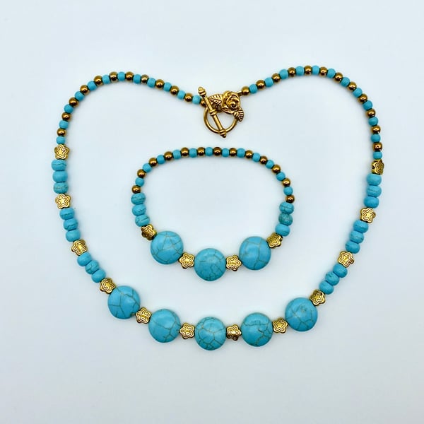 Turquoise & Gold Necklace & Bracelet Set, Gifts For Her, Summer Seconds Sale