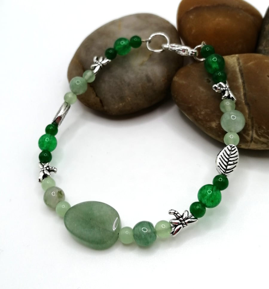 Aventurine and Jade Leaf and Dragonfly Bracelet