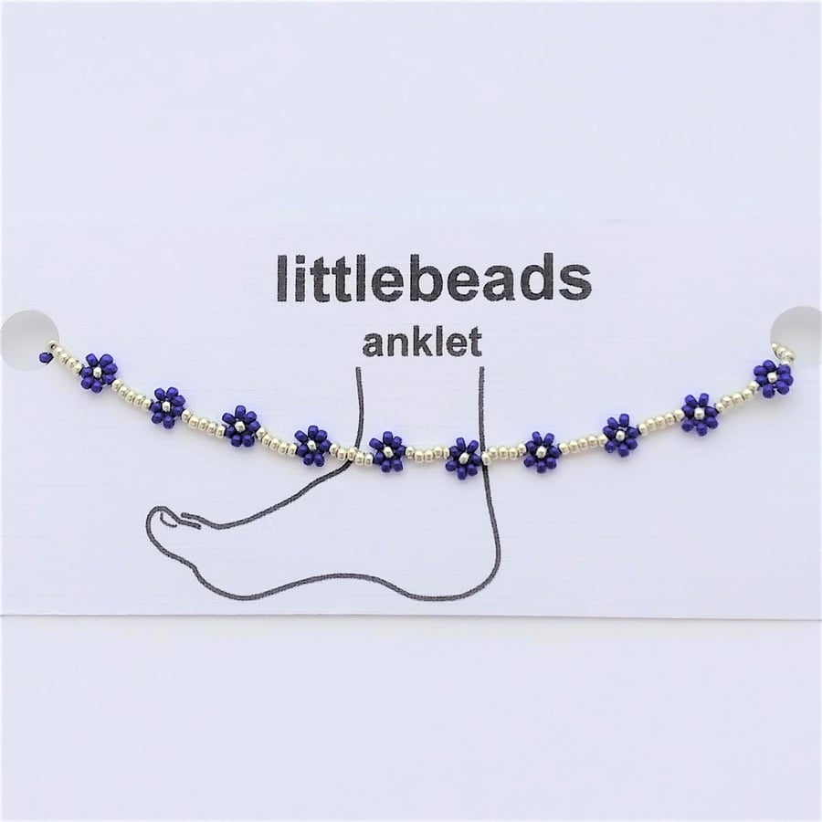 Navy and Silver Daisy Seed Beaded Anklet