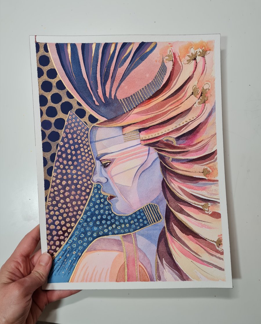 Original Watercolour Portrait, Amazon Warrior Princess, Unique Wall Art