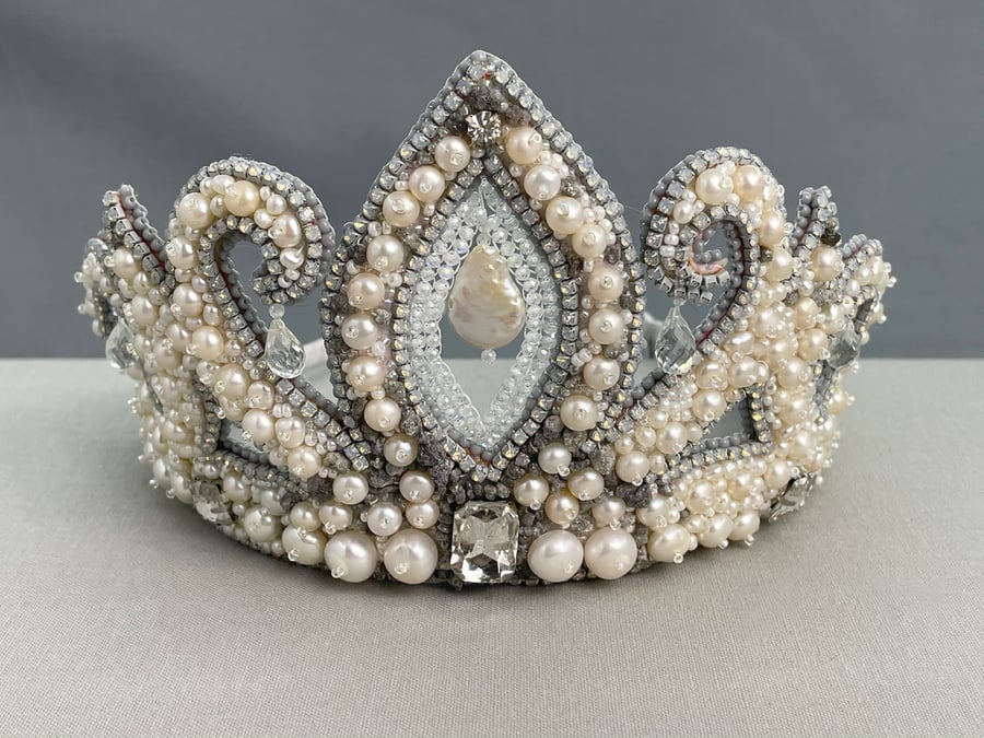 High End Cultured Pearl, Zircon & Rough Diamond Beaded Bridal Tiara Crown 