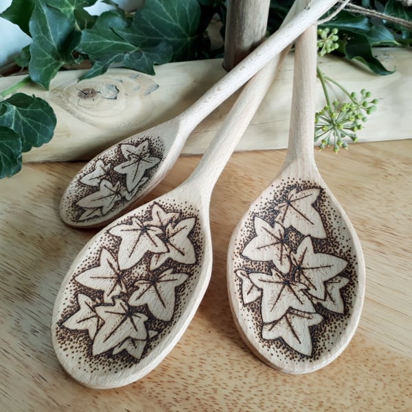 Three pyrography ivy leaf wooden spoons