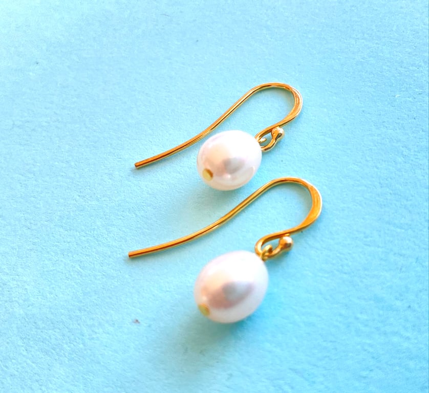 White Oval Freshwater Pearl Gold Plated Sterling Silver Drop Earrings
