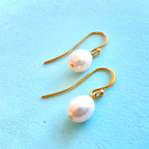 White Oval Freshwater Pearl Gold Plated Sterling Silver Drop Earrings