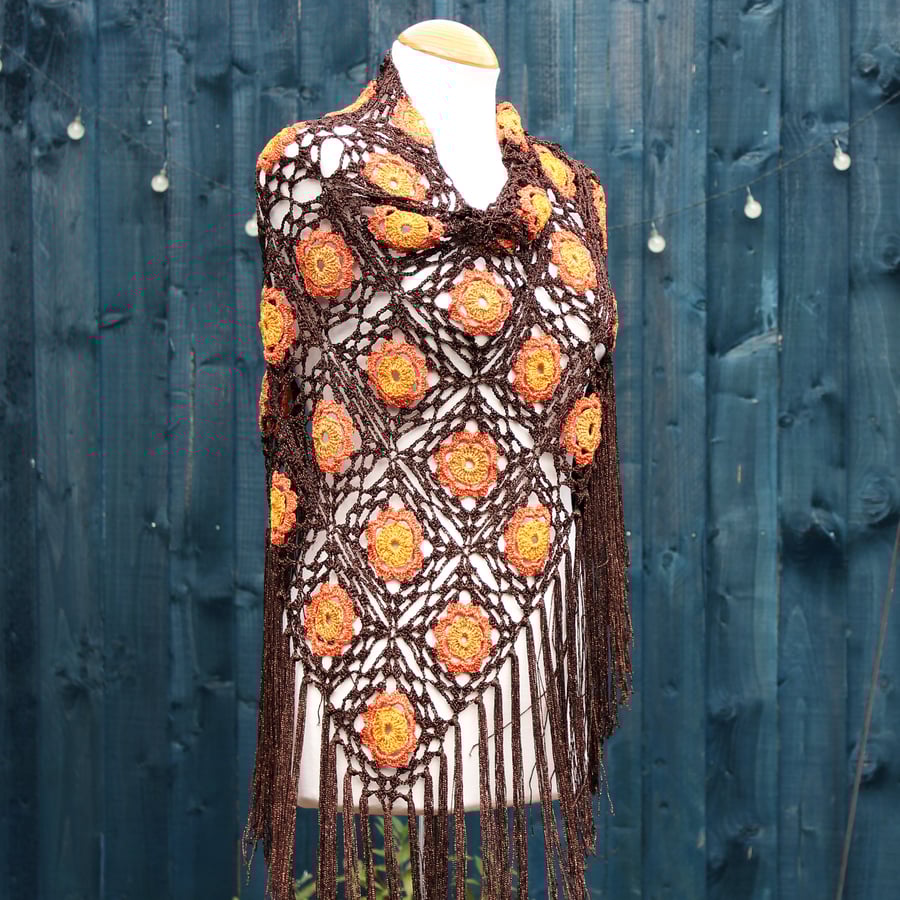 Crochet triangular shawl in sparkly orange, burnt orange, brown - design LF433