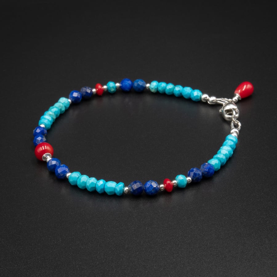 Turquoise, Lapis Lazuli, Coral and sterling silver bracelet, Sagittarius jewelry