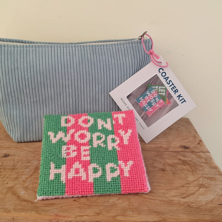 Needlepoint Coaster Kit – Beginner Craft Kit Don't Worry Be Happy