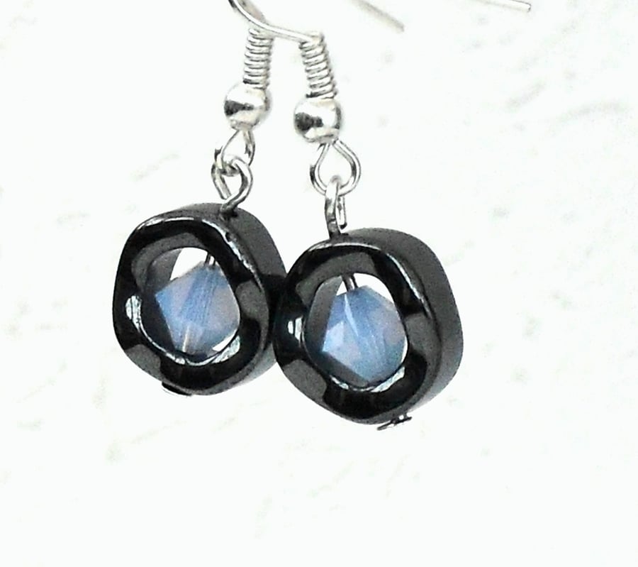 Hematite earrings, made with blue Swarovski elements