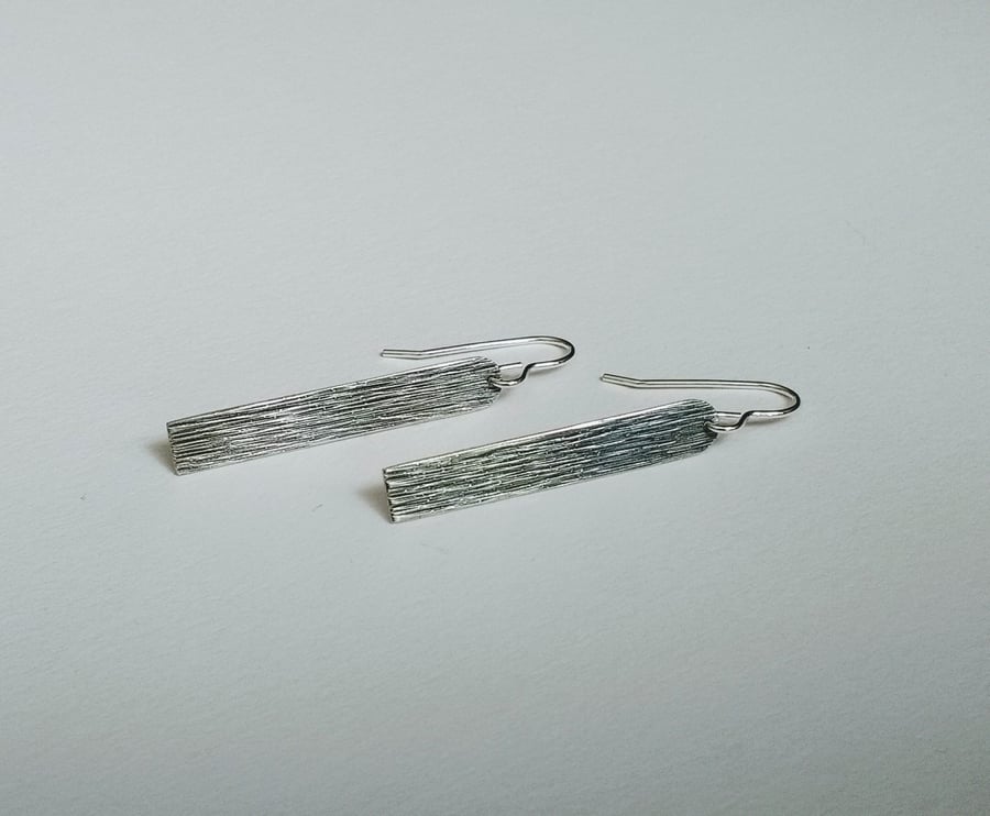 Sterling Silver Long Woodgrain Oxidised Earrings