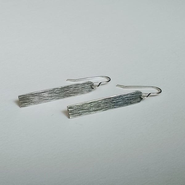 Sterling Silver Long Woodgrain Oxidised Earrings