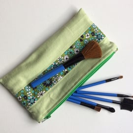 Zipped bag, make up bag, pencil case, sage green, floral panel