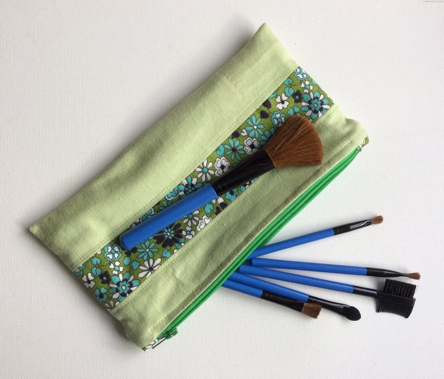 Zipped bag, make up bag, pencil case, sage green, floral panel