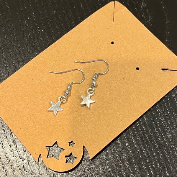 Cute Small Star Silver Earrings Dangle Drop Ear Wires Handmade
