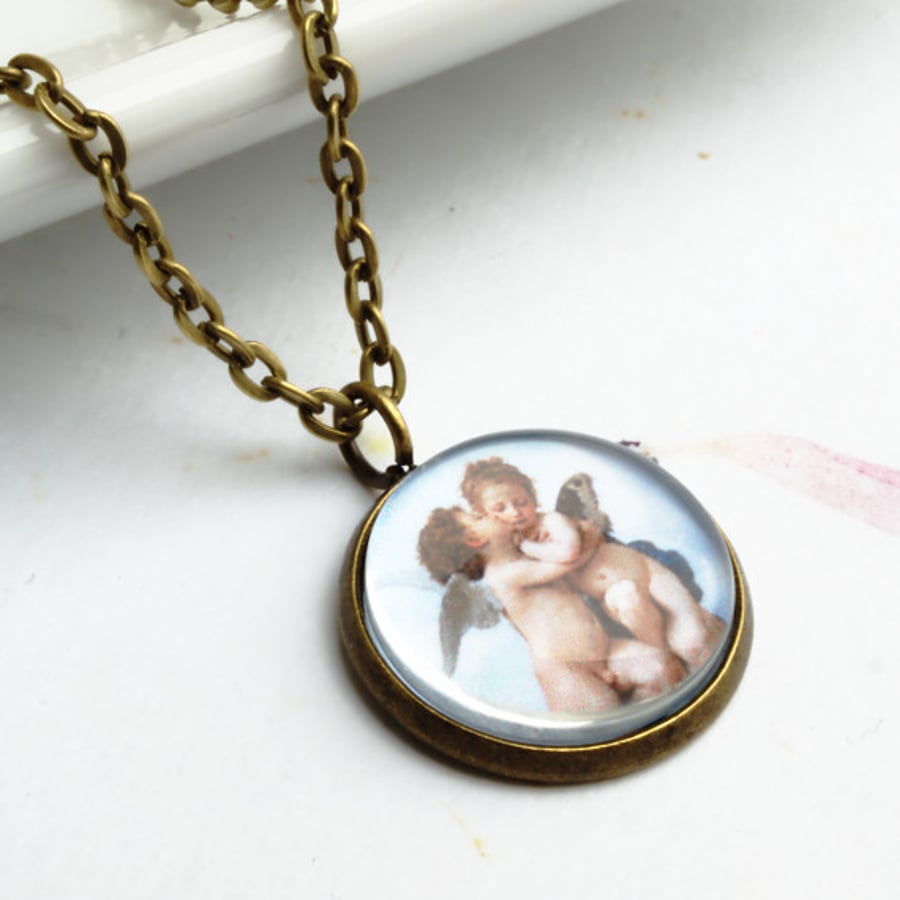 Kissing Cherubic Angels Pendant Necklace in Antique Gold with Chain